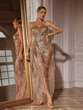 Load image into Gallery viewer, Ephram Strapless Rhinestone Sequin Dress In Gold
