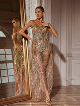 Load image into Gallery viewer, Ephram Strapless Rhinestone Sequin Dress In Gold

