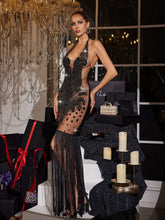 Load image into Gallery viewer, Ereni Halterneck Crystal Fringe Mesh Dress
