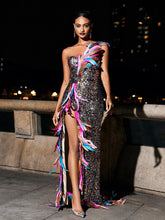 Load image into Gallery viewer, Ernest Strapless Feather Split Sequin Dress
