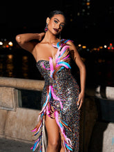 Load image into Gallery viewer, Ernest Strapless Feather Split Sequin Dress
