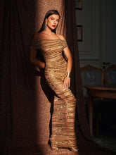 Load image into Gallery viewer, Eryx Off Shoulder Rhinestone Mesh Maxi Dress
