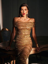 Load image into Gallery viewer, Eryx Off Shoulder Rhinestone Mesh Maxi Dress

