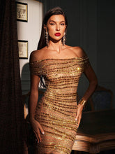 Load image into Gallery viewer, Eryx Off Shoulder Rhinestone Mesh Maxi Dress
