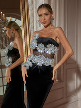 Load image into Gallery viewer, Exon Strapless Flower Velvet Maxi Dress
