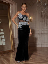 Load image into Gallery viewer, Exon Strapless Flower Velvet Maxi Dress
