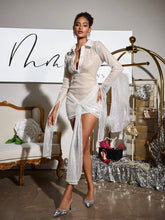 Load image into Gallery viewer, Faunia Folded Collar Sequin Draped Mini Dress
