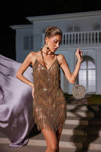 Load image into Gallery viewer, Fiadh Crystal Chain Fringe Mesh Mini Dress In Gold
