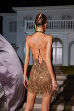 Load image into Gallery viewer, Fiadh Crystal Chain Fringe Mesh Mini Dress In Gold
