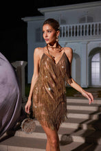 Load image into Gallery viewer, Fiadh Crystal Chain Fringe Mesh Mini Dress In Gold
