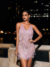 Load image into Gallery viewer, Fiadh Crystal Chain Fringe Mesh Mini Dress In Pink
