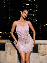 Load image into Gallery viewer, Fiadh Crystal Chain Fringe Mesh Mini Dress In Pink
