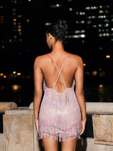 Load image into Gallery viewer, Fiadh Crystal Chain Fringe Mesh Mini Dress In Pink
