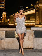 Load image into Gallery viewer, Fiadh Crystal Chain Fringe Mesh Mini Dress In Silver
