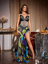 Load image into Gallery viewer, Fifi Sequin Feather Asymmetric Maxi Dress
