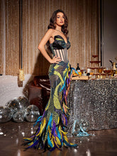 Load image into Gallery viewer, Fifi Sequin Feather Asymmetric Maxi Dress
