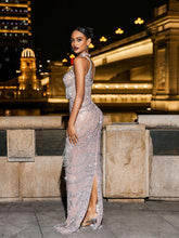 Load image into Gallery viewer, Fonso Turtleneck Rhinestone Fringe Mesh Dress
