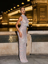 Load image into Gallery viewer, Fonso Turtleneck Rhinestone Fringe Mesh Dress
