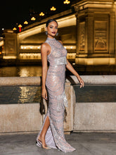 Load image into Gallery viewer, Fonso Turtleneck Rhinestone Fringe Mesh Dress
