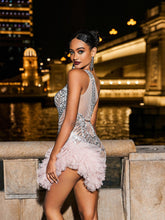 Load image into Gallery viewer, Foxe One Shoulder Tulle Sequin Mini Dress In Blush
