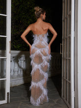 Load image into Gallery viewer, Gawain Feather Trimmed Rhinestone Maxi Dress
