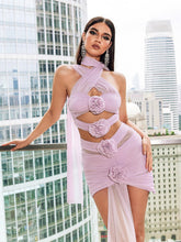 Load image into Gallery viewer, Genevieve Flower Cutout Draped Mesh Mini Dress In Pink
