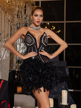 Load image into Gallery viewer, Gotow Rhinestone Feather Trimmed Mini Dress
