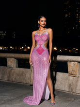 Load image into Gallery viewer, Grey Crystal Cutout Maxi Dress In Hot Pink
