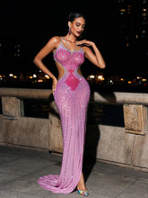 Load image into Gallery viewer, Grey Crystal Cutout Maxi Dress In Hot Pink
