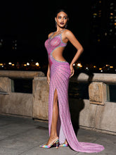 Load image into Gallery viewer, Grey Crystal Cutout Maxi Dress In Hot Pink
