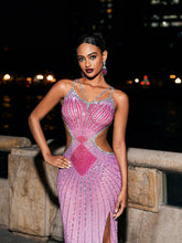Load image into Gallery viewer, Grey Crystal Cutout Maxi Dress In Hot Pink
