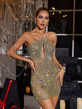 Load image into Gallery viewer, Hanne Backless Rhinestone Mesh Mini Dress In Yellow
