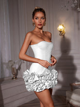 Load image into Gallery viewer, Hiroshi Strapless Flower Mini Dress In White

