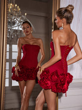 Load image into Gallery viewer, Hiroshi Strapless Flower Mini Dress In Red
