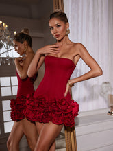 Load image into Gallery viewer, Hiroshi Strapless Flower Mini Dress In Red
