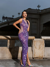 Load image into Gallery viewer, Hobart Rhinestone Asymmetric Mesh Dress
