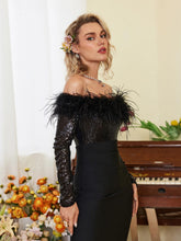 Load image into Gallery viewer, Hoku Off Shoulder Sequin Feather Maxi Dress
