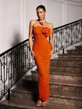 Load image into Gallery viewer, Idra Strapless Flower Ruched Maxi Dress In Orange
