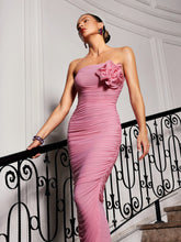Load image into Gallery viewer, Idra Strapless Flower Ruched Maxi Dress In Pink
