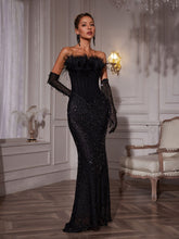 Load image into Gallery viewer, Inaki Corset Feather Sequin Maxi Dress With Gloves
