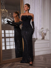 Load image into Gallery viewer, Inaki Corset Feather Sequin Maxi Dress With Gloves
