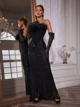 Load image into Gallery viewer, Inaki Corset Feather Sequin Maxi Dress With Gloves
