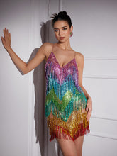 Load image into Gallery viewer, Indy V Neck Rainbow Crystal Fringe Mini Dress
