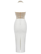 Load image into Gallery viewer, Isabella Halterneck Pearls Bandage Dress In Beige
