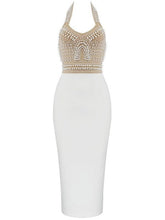Load image into Gallery viewer, Isabella Halterneck Pearls Bandage Dress In Beige

