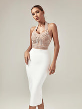 Load image into Gallery viewer, Isabella Halterneck Pearls Bandage Dress In Beige
