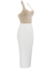 Load image into Gallery viewer, Isabella Halterneck Pearls Bandage Dress In Beige
