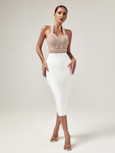 Load image into Gallery viewer, Isabella Halterneck Pearls Bandage Dress In Beige
