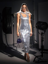 Load image into Gallery viewer, Jafna Drape Back Silver Sequin Hooded Dress
