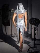 Load image into Gallery viewer, Jafna Drape Back Silver Sequin Hooded Dress
